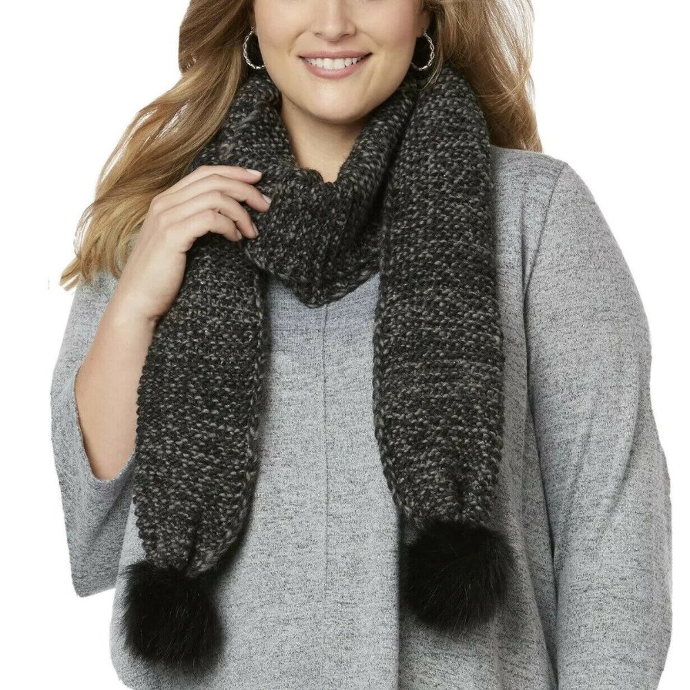 Catherines Winter Scarf Black Knit Faux Fur Poms
